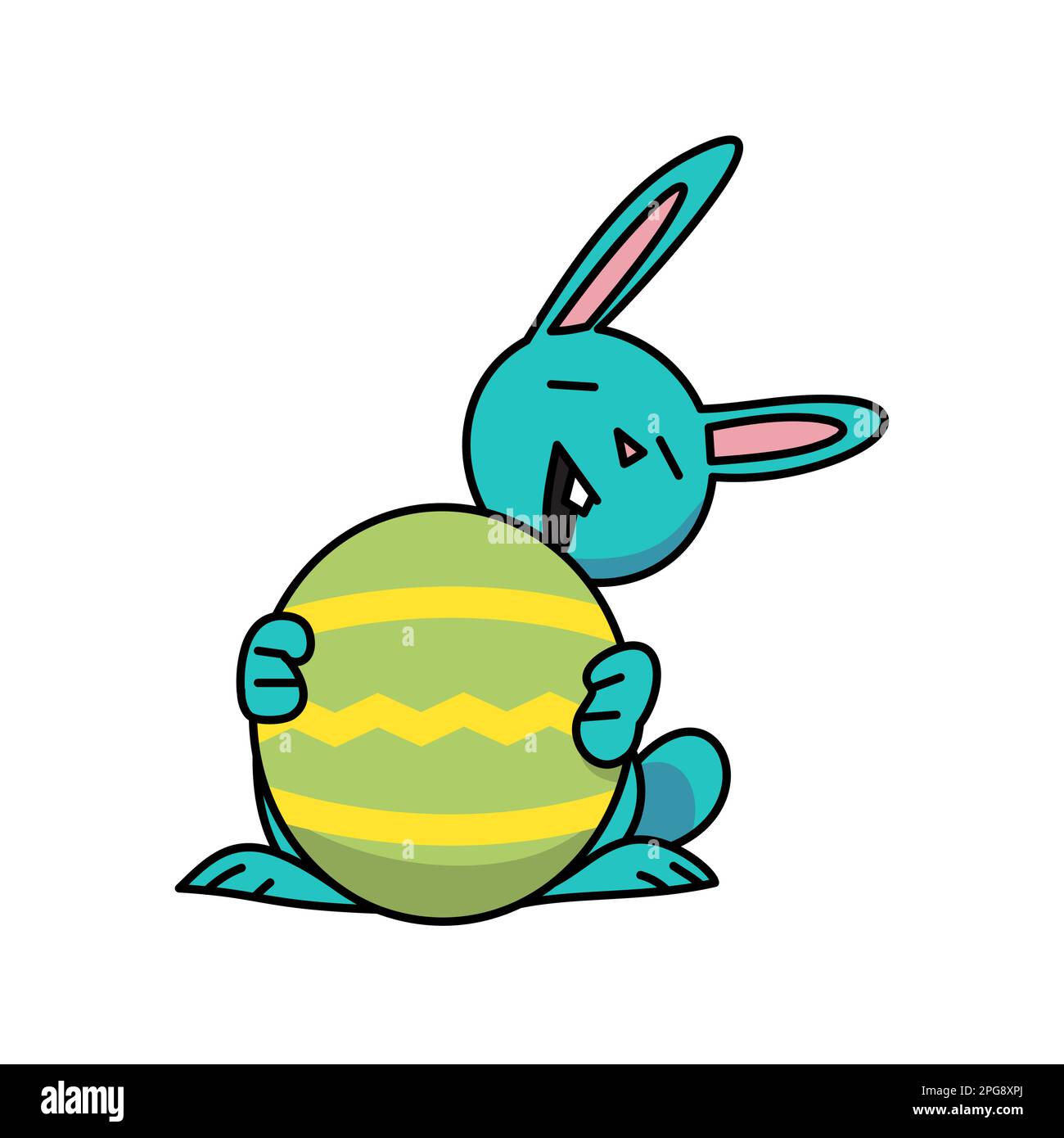 blue easter bunny holding green easter egg flat vector illustration