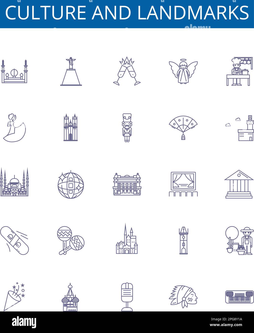 Culture and landmarks line icons signs set. Design collection of