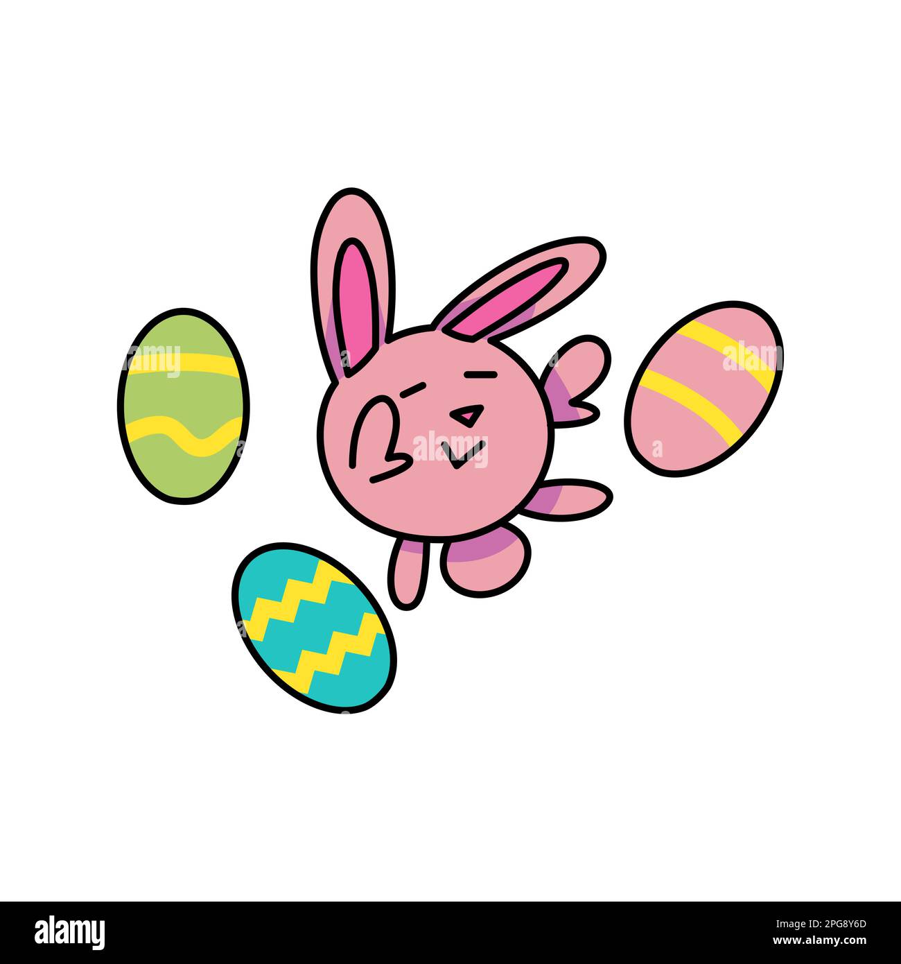 pink easter bunny, jumping surrounded by 3 easter eggs Stock Vector