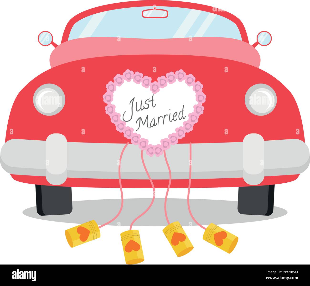 Red wedding car seen from behind with heart decoration and Just Married written on it. Wedding icon concept Vector illustration Stock Vector