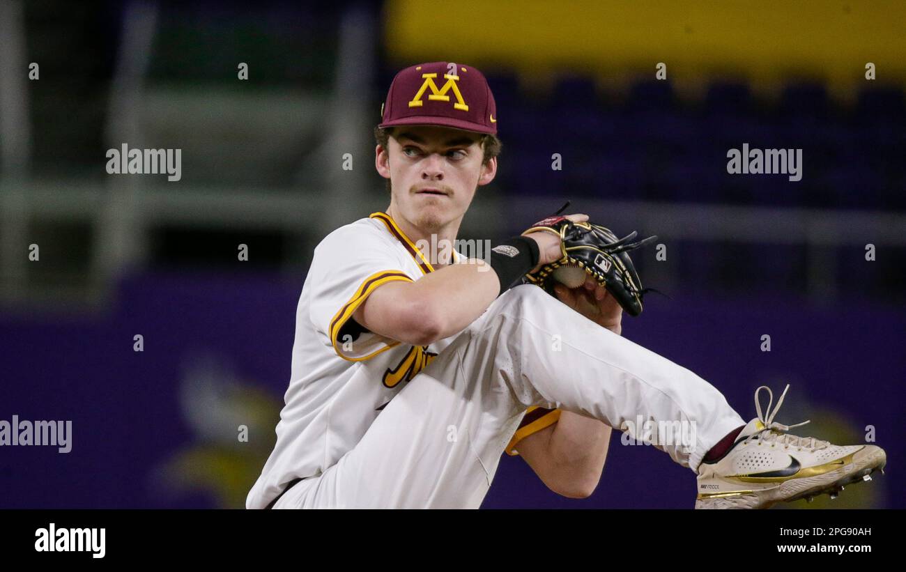 Minnesota pitcher Tucker Novotny throws during an NCAA baseball game