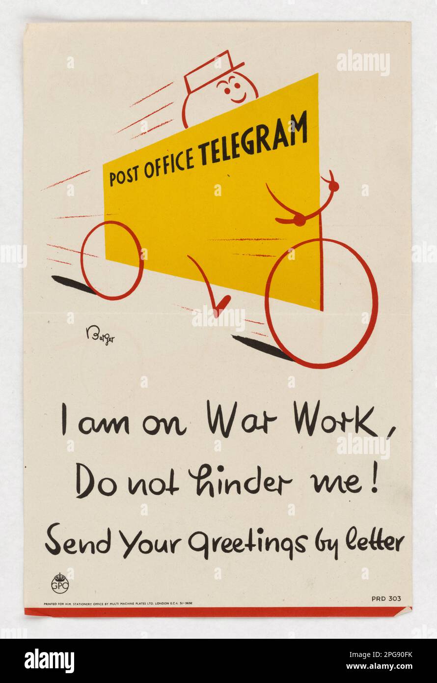 I am on War Work, Do Not Hinder Me! Send Your Greetings by Letter. Country: England Artist: Berger Printed By: Multi Machine Plates, Ltd.. 1942 - 1945.  Office for Emergency Management. Office of War Information. Domestic Operations Branch. Bureau of Special Services. 3/9/1943-9/15/1945. World War II Foreign Posters Stock Photo