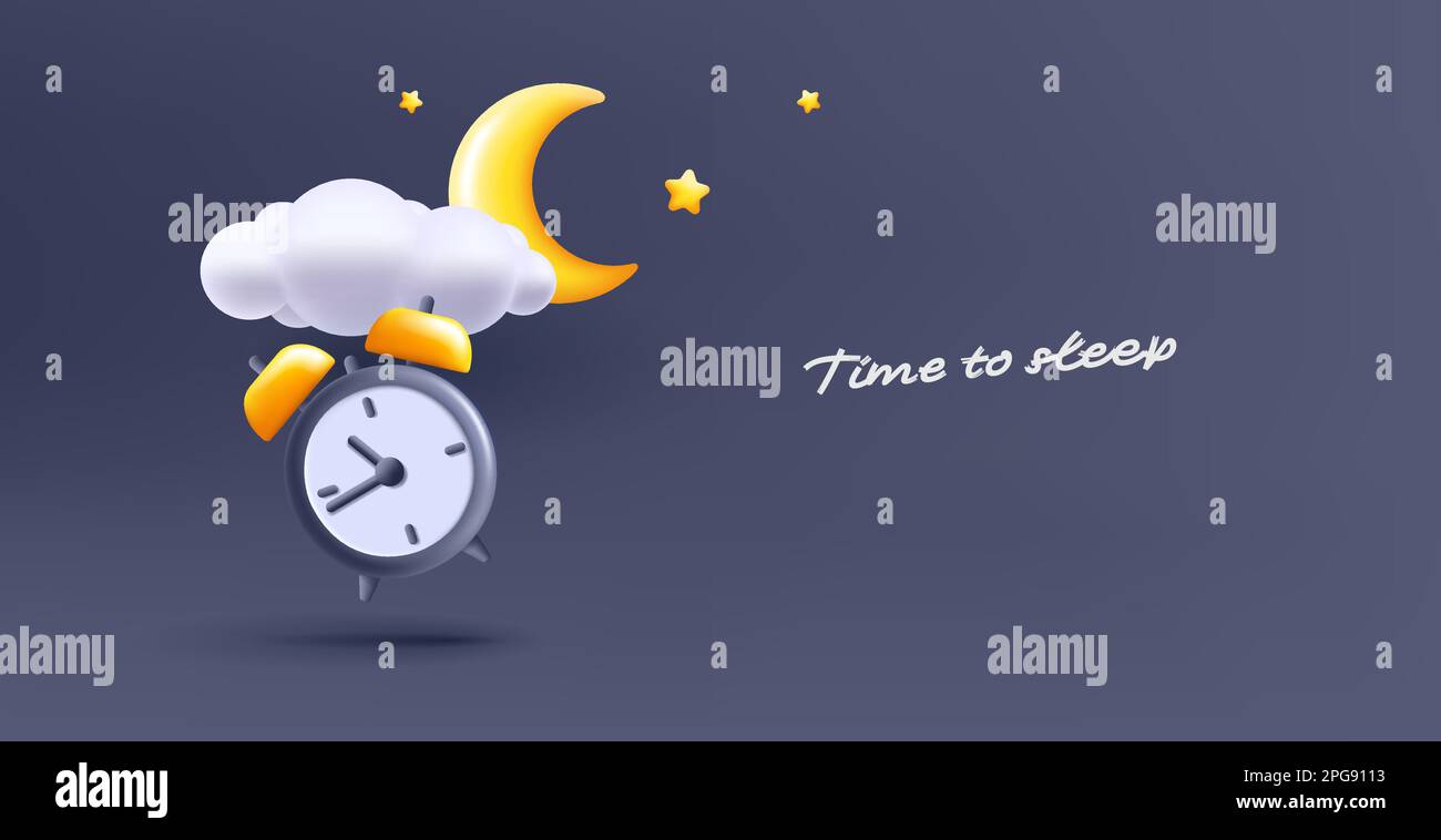 Crescent, stars, clouds, clock symbolizes moon in dark blue sky, 3d render illustration, render 3d style vector Stock Vector