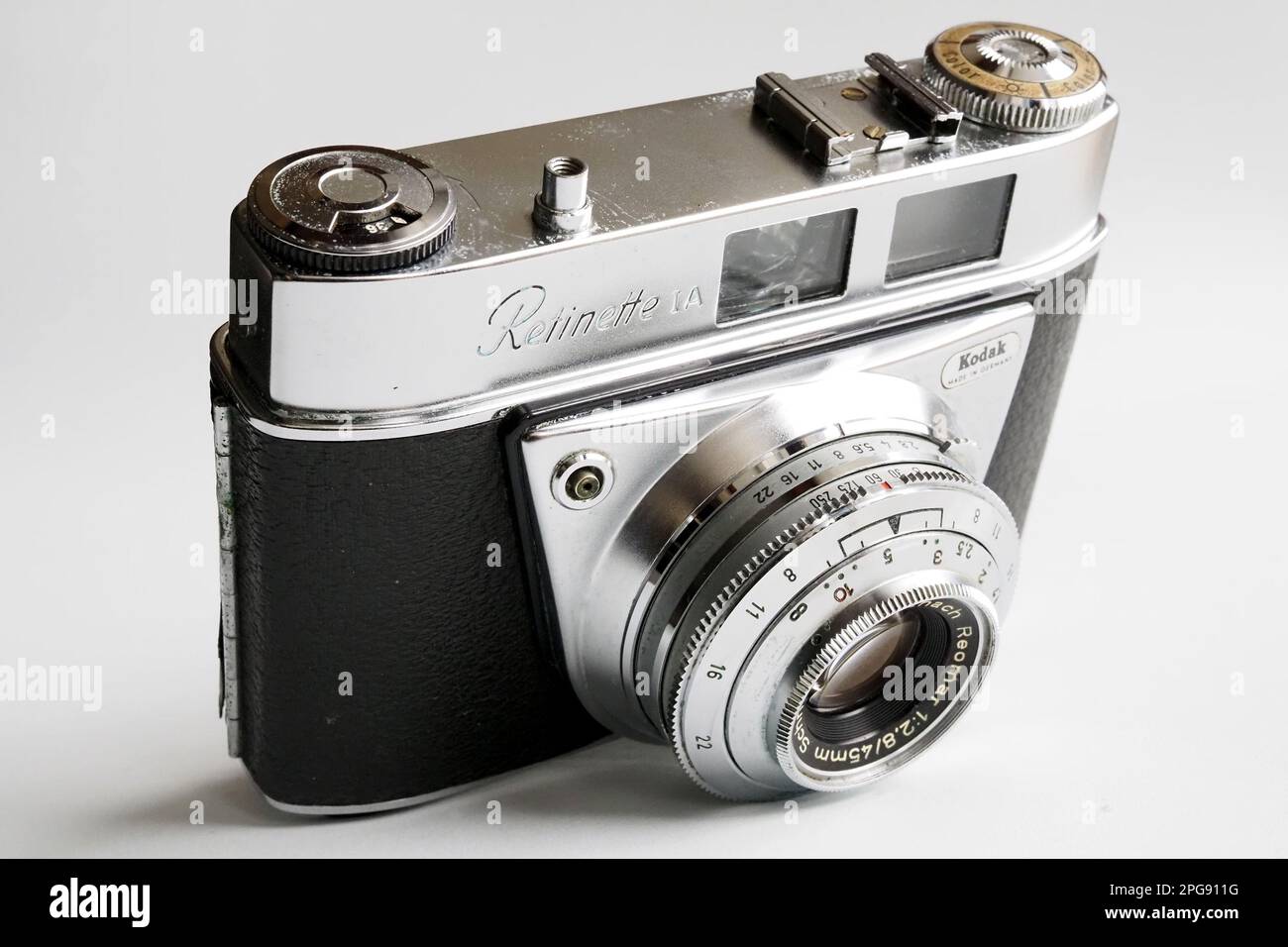 In this Illustration.Antique Kodak Retinette Ia camera, made in 1939, with  Scneider-Kreuznach Reomar 45mm