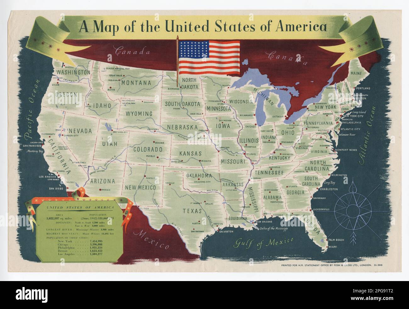 A Map of the United States of America. Country: UK Printed By: Fosh & Cross Ltd.. 1942 - 1945.  Office for Emergency Management. Office of War Information. Domestic Operations Branch. Bureau of Special Services. 3/9/1943-9/15/1945. World War II Foreign Posters Stock Photo