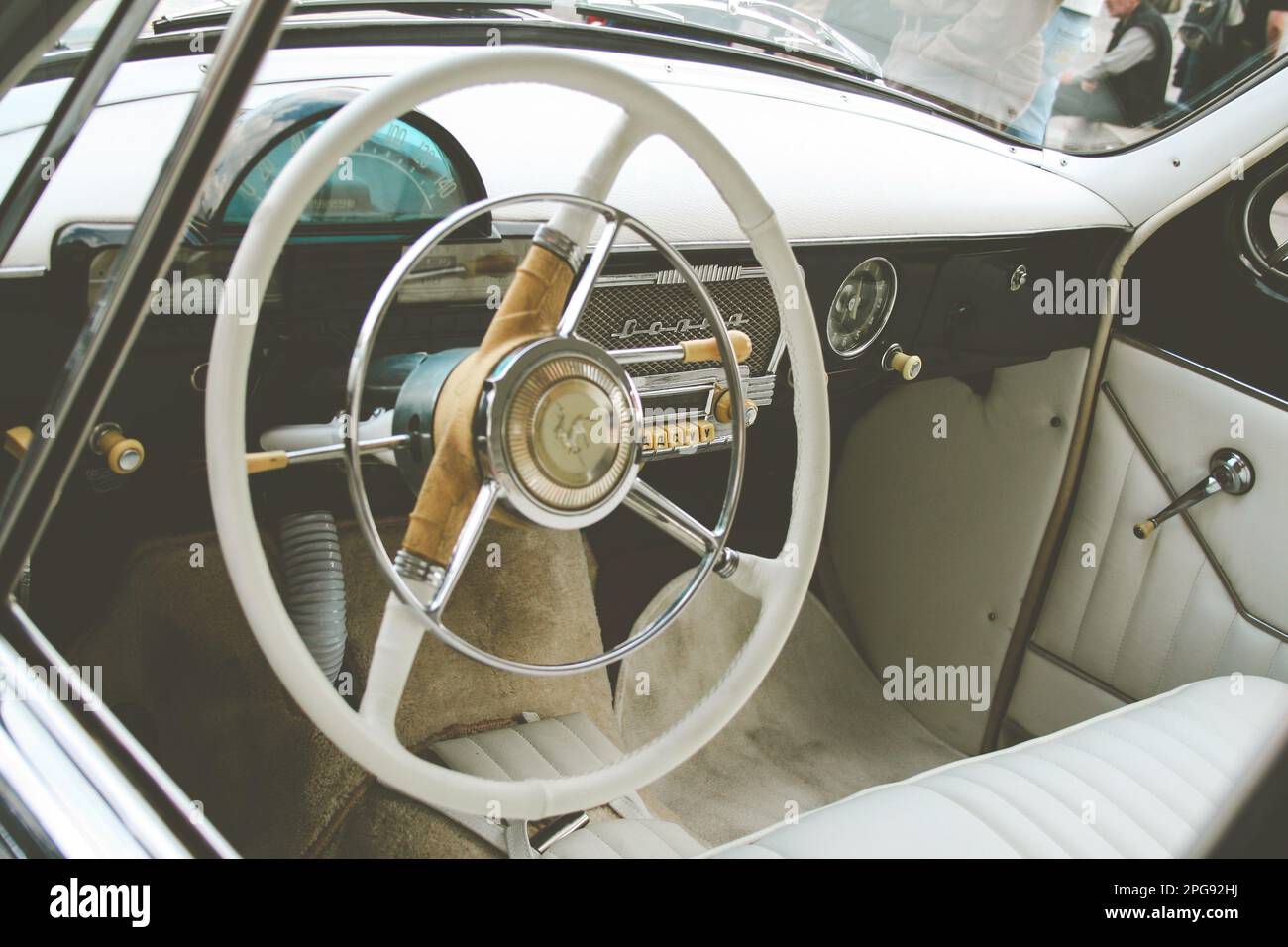 Closeup on steering wheel of Wolga old russian car Stock Photo Alamy