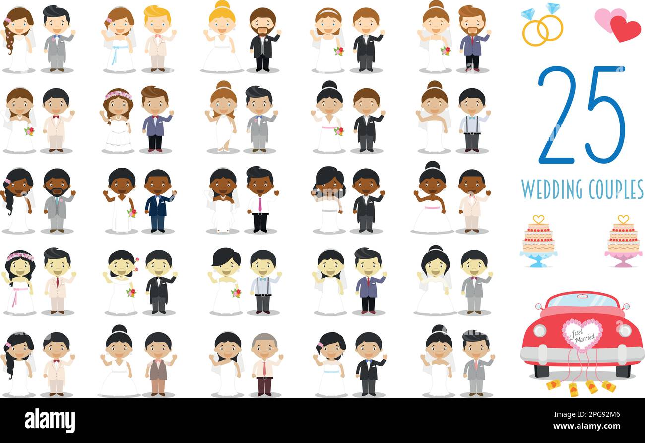 Set of 25 wedding couples and nuptial icons in cartoon style Stock Vector