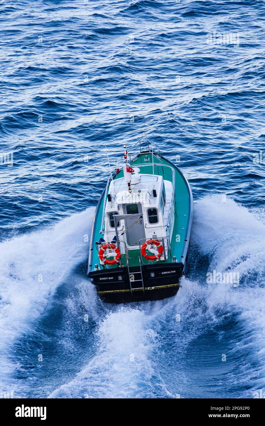 Seaward N-35 Nelson, Pilot vessel registered in the British Overseas Territory of Gibraltar, the Rock of Gibraltar on the Iberian Peninsula. Viewed fr Stock Photo