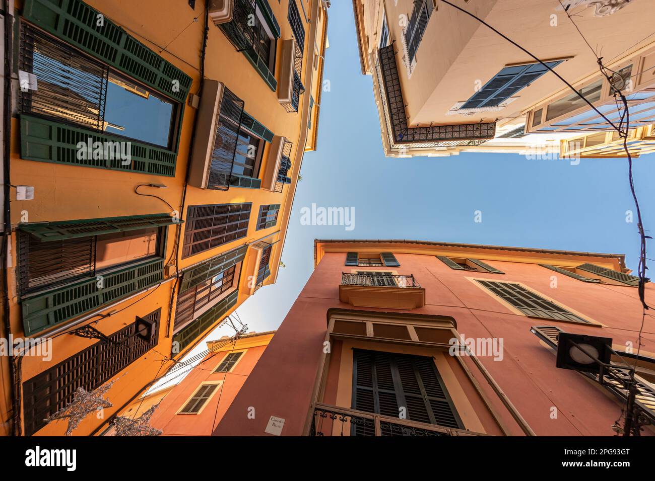 Worm's eye view of a corner in the street Costa d'en Brossa in the historic town center of Palma, Majorca, Mallorca, Balearic Islands, Spain, Europe Stock Photo