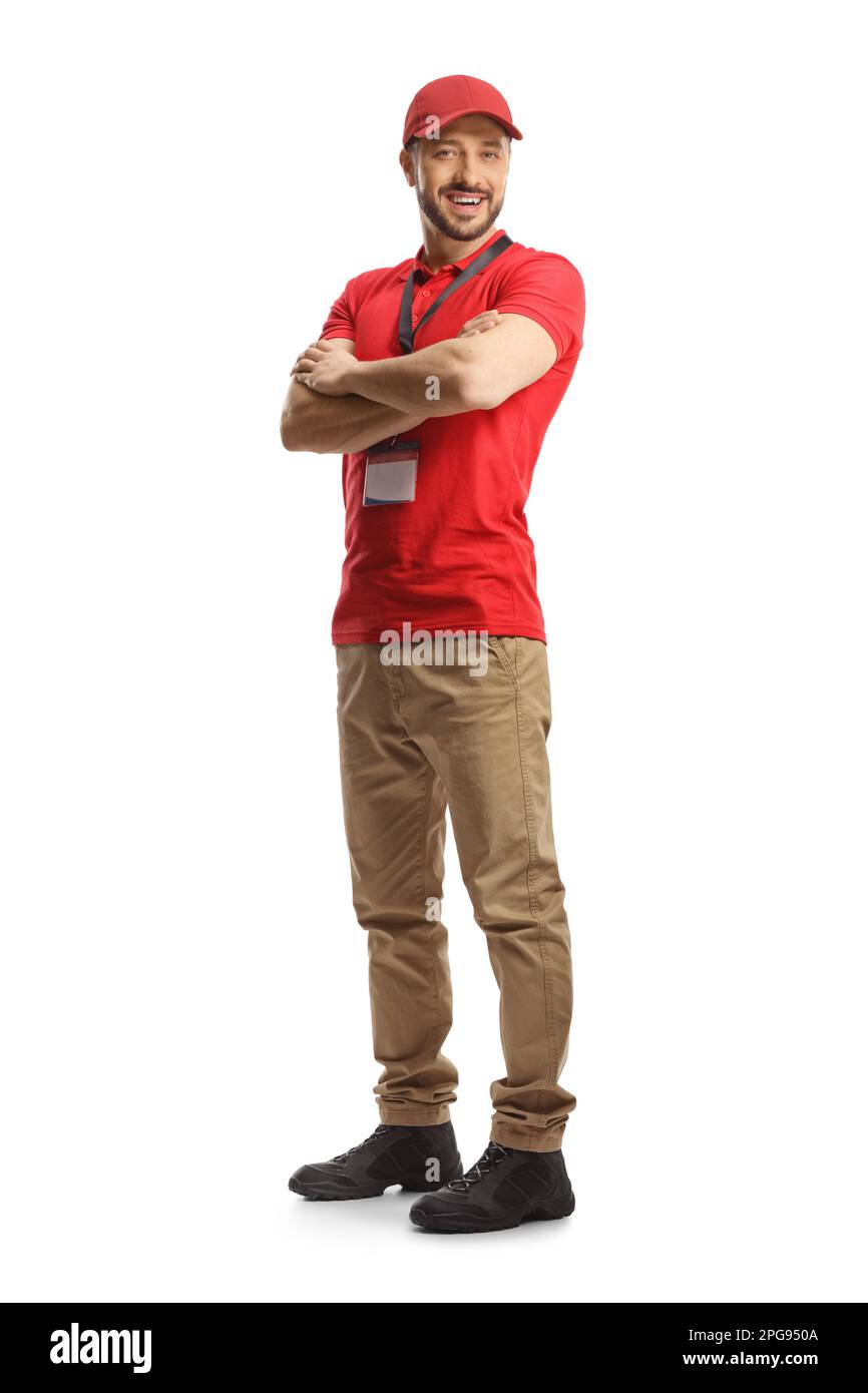 Full length shot of a young male sales worker wearing a red t-shirt isolated on white background Stock Photo