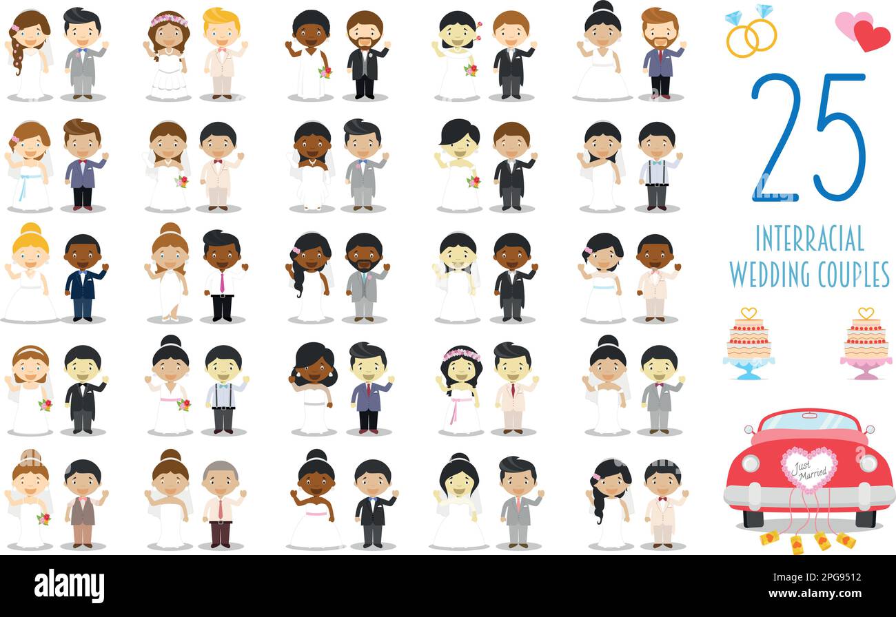 Set of 25 interracial wedding couples and nuptial icons in cartoon style Stock Vector Image