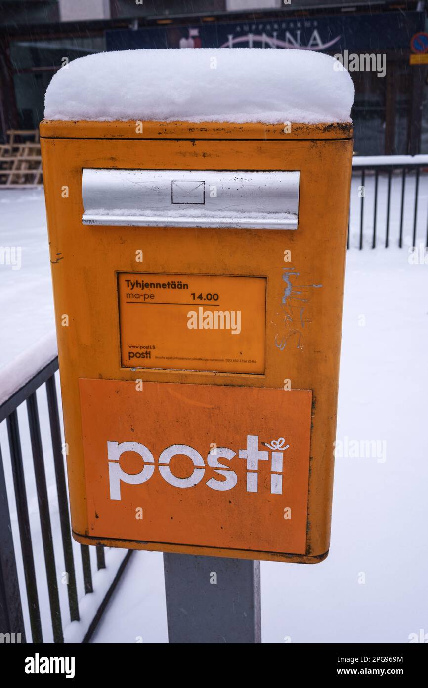 Mailbox of Posti Group, the main Finnish postal service. Winter in Hameenlinna, Finland. February 23, 2023. Stock Photo