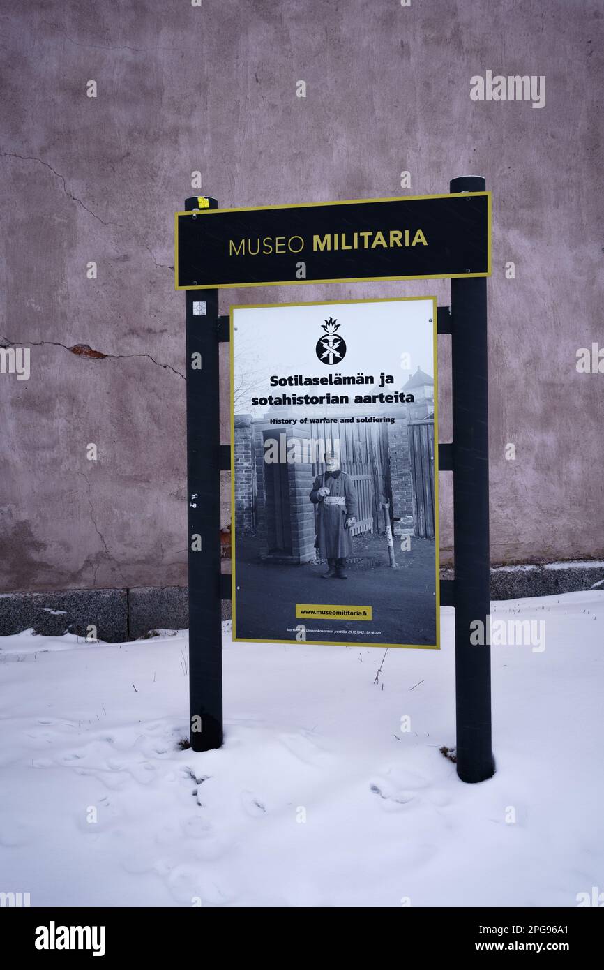 The sign outside Museo Militaria in winter. The artillery and military museum in Hameenlinna, Finland. February 23, 2023. Stock Photo