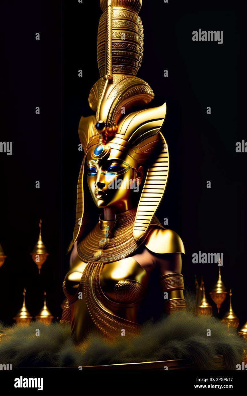 An AI-generated illustration of an Egyptian goddess in a shiny golden