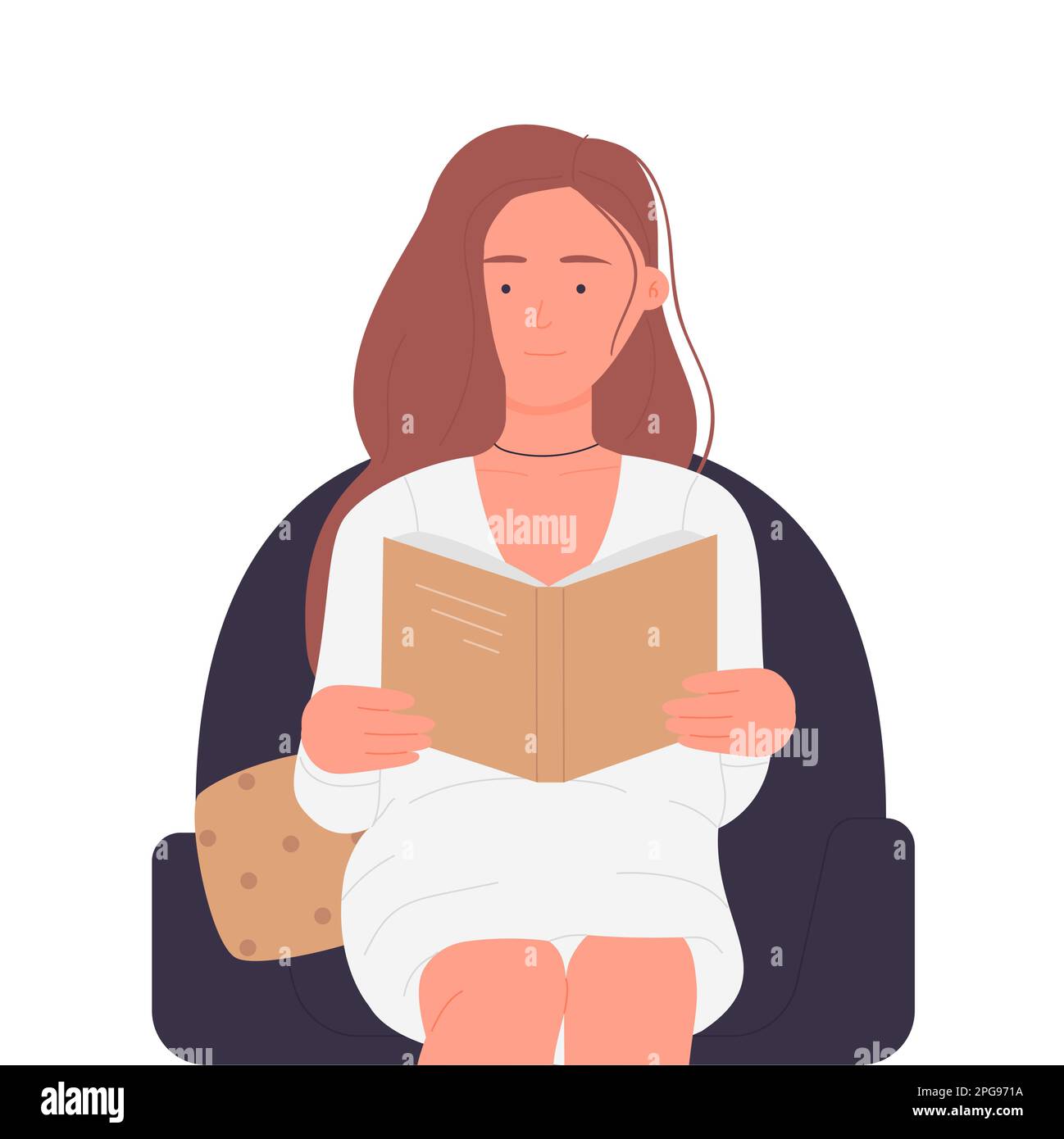 Girl in armchair reading book. Cozy position for reading, book lover
