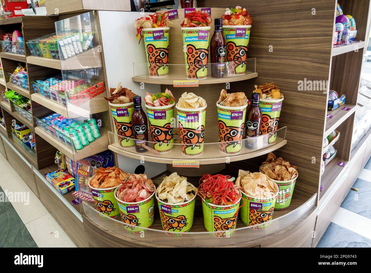 Mexico City,Polanco Antara,upscale open-air shopping center mall,snack kiosk,potato chips display,ready to eat junk food,inside interior indoors,store Stock Photo