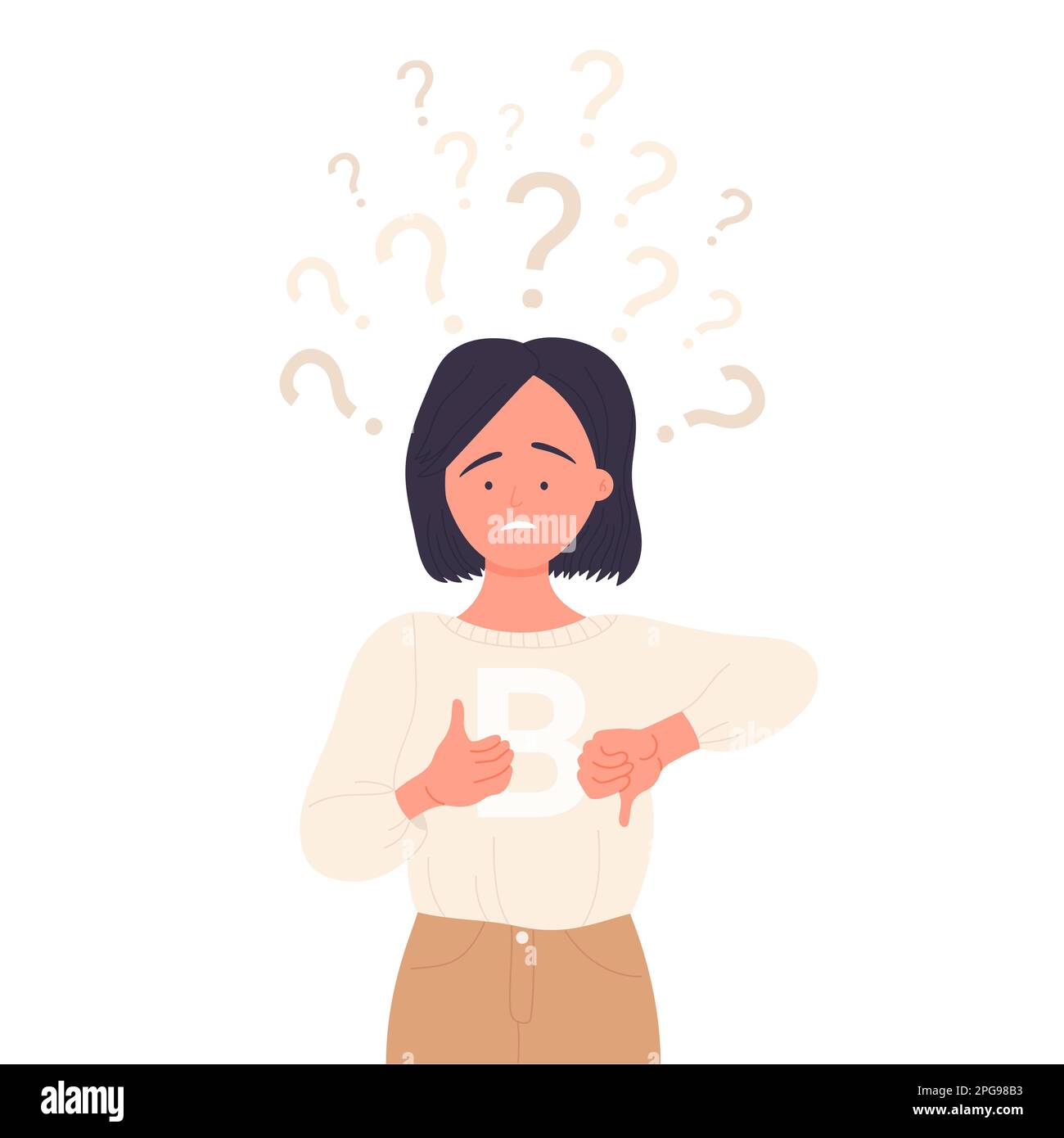 Confused pensive girl. Depressed woman, psychology help counselling vector illustration Stock Vector