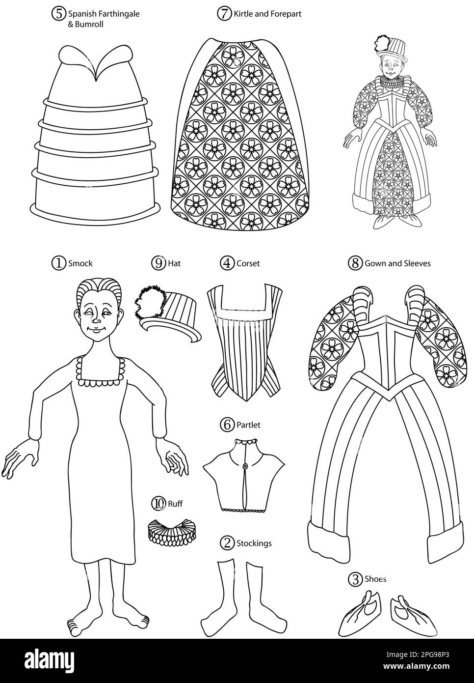 Art / illustration for educational / play / school activity sheet of an Elizabethan cut out paper doll & historic clothes, woman's cut-out & dress-up. Stock Photo