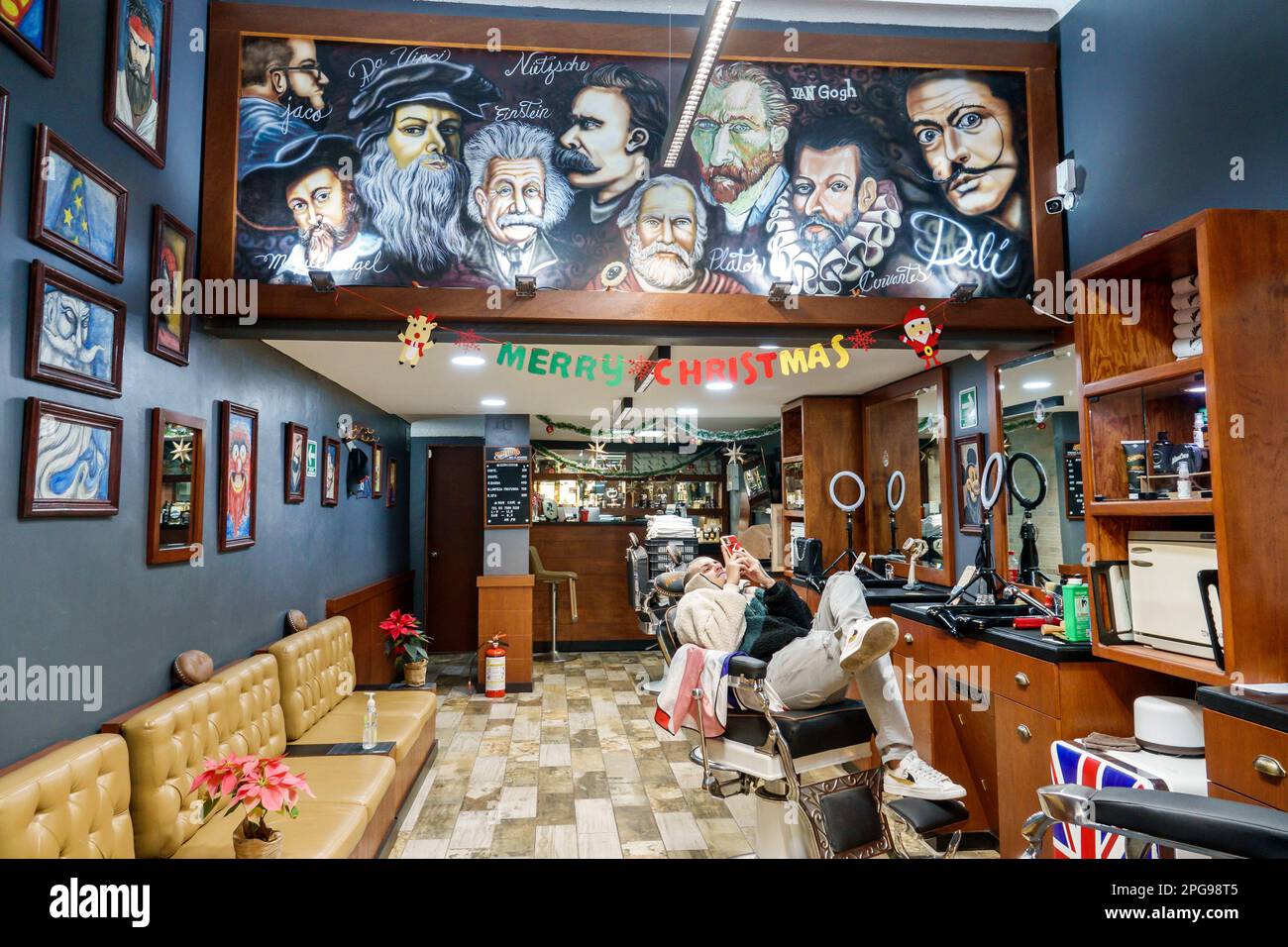 Mexico City,Anzures,Man Cave barber shop no customers,man men male,adult adults,resident residents,inside interior indoors,employee employees worker w Stock Photo