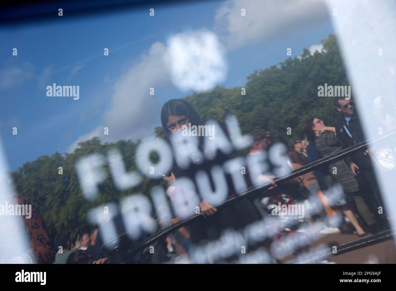 A notice board regarding floral tributes is seen outside Buckingham Palace in London on the first Saturday since the funeral of Queen Elizabeth II. Stock Photo