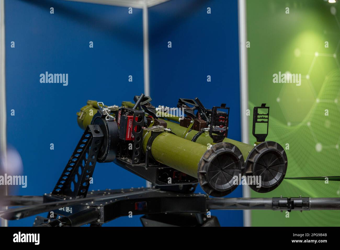 Grodno, Belarus - March 16, 2023: A military combat drone with a double guided missile launch system installed on it presented by the National Academy Stock Photo
