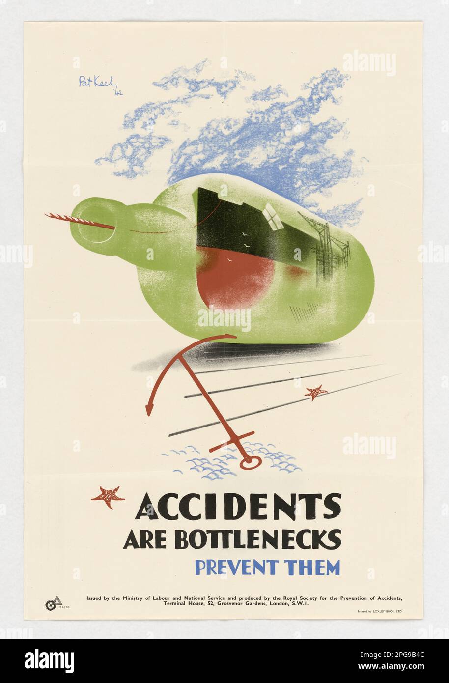 Accidents are Bottlenecks - Prevent Them. Country: UK Artist: Pat Keely Printed By: Loxley Bros. Ltd.. 1942 - 1945.  Office for Emergency Management. Office of War Information. Domestic Operations Branch. Bureau of Special Services. 3/9/1943-9/15/1945. World War II Foreign Posters Stock Photo