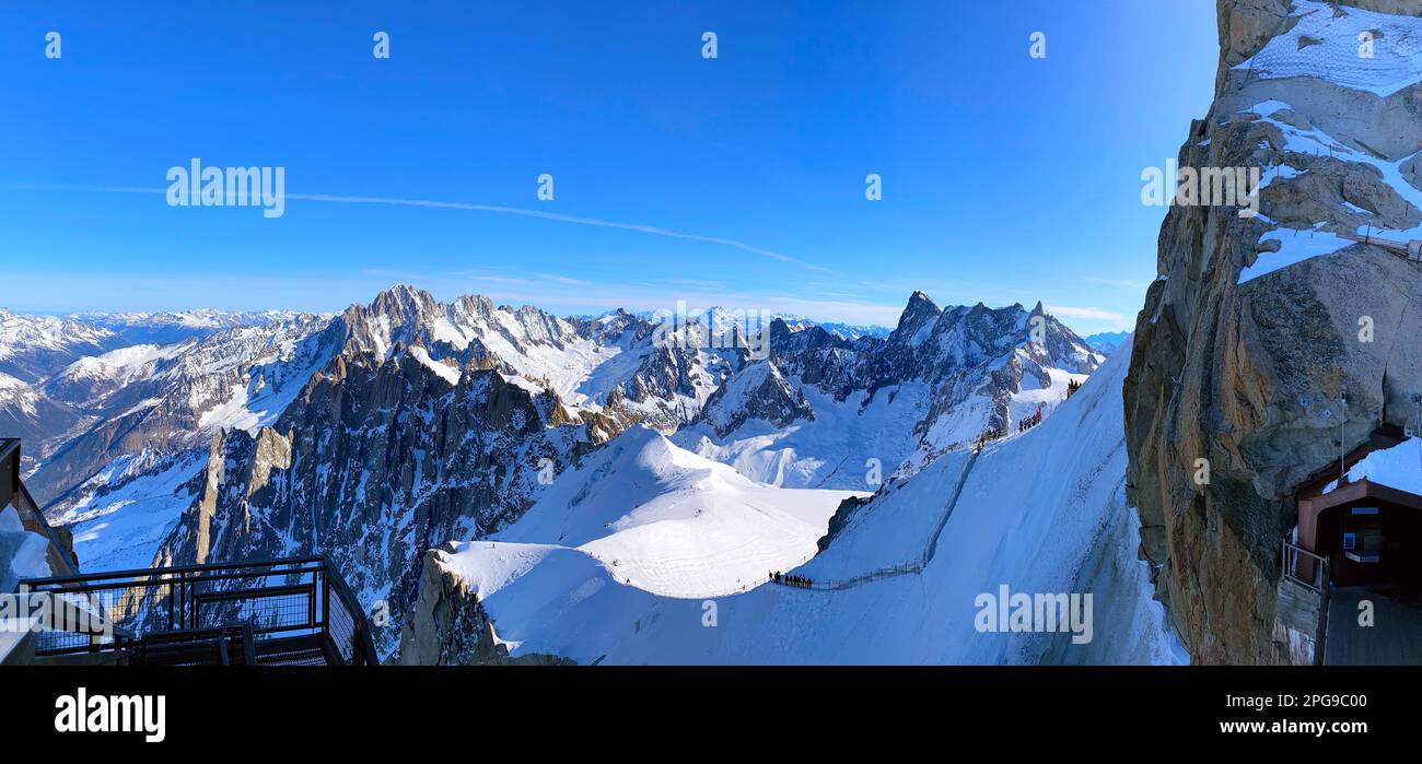 View of the Mont Blanc massif seen from the Aiguille du Midi. French Alps, Europe. Stock Photo