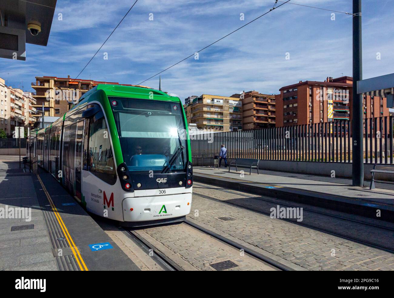 Tram on the Granada Metro city light rail urban transport system in Andalucia southern Spain which opened in 2017. Stock Photo