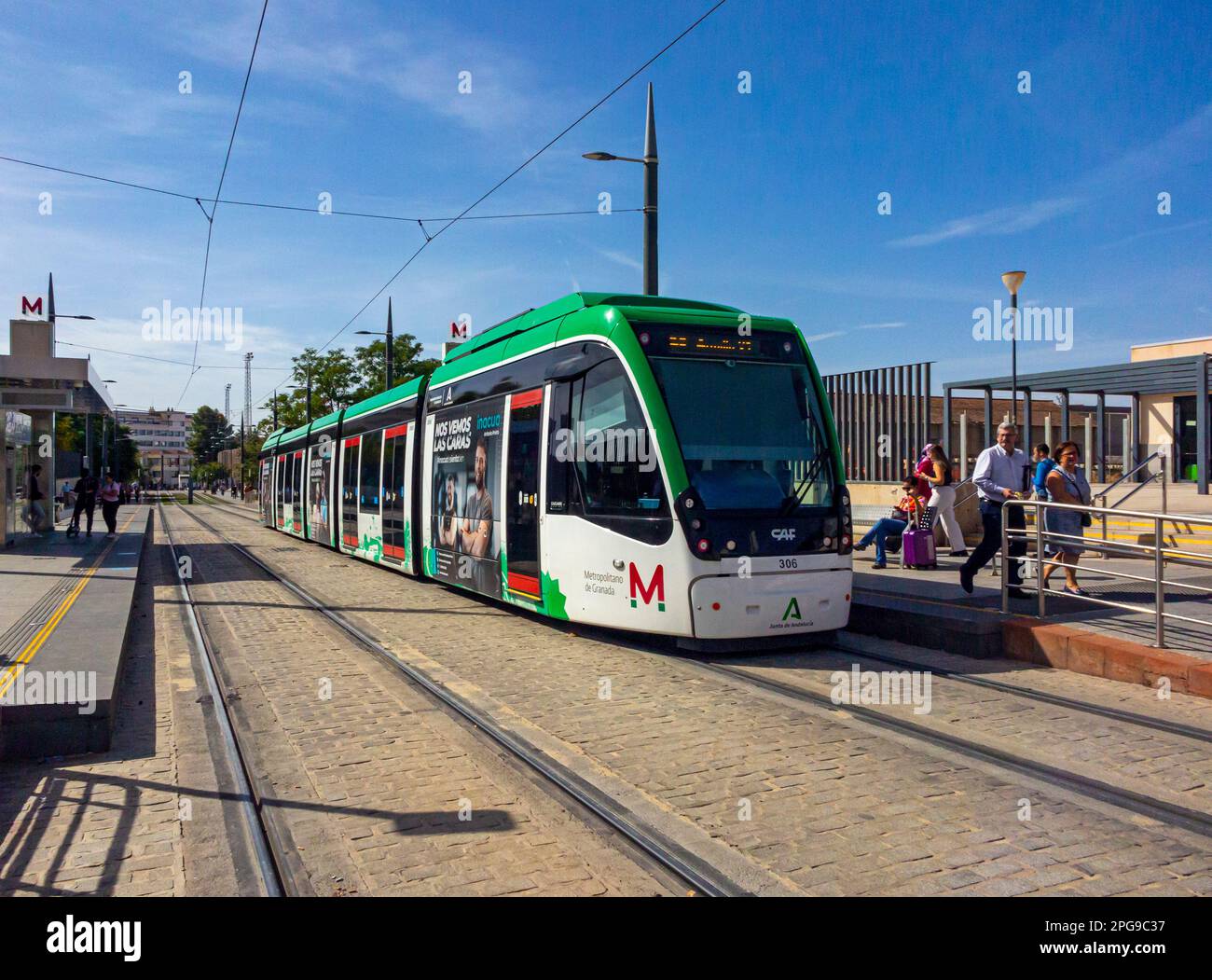 Tram on the Granada Metro city light rail urban transport system in Andalucia southern Spain which opened in 2017. Stock Photo