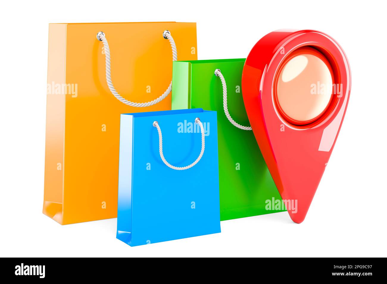 Shopping bags with map pointer, 3D rendering isolated on white ...