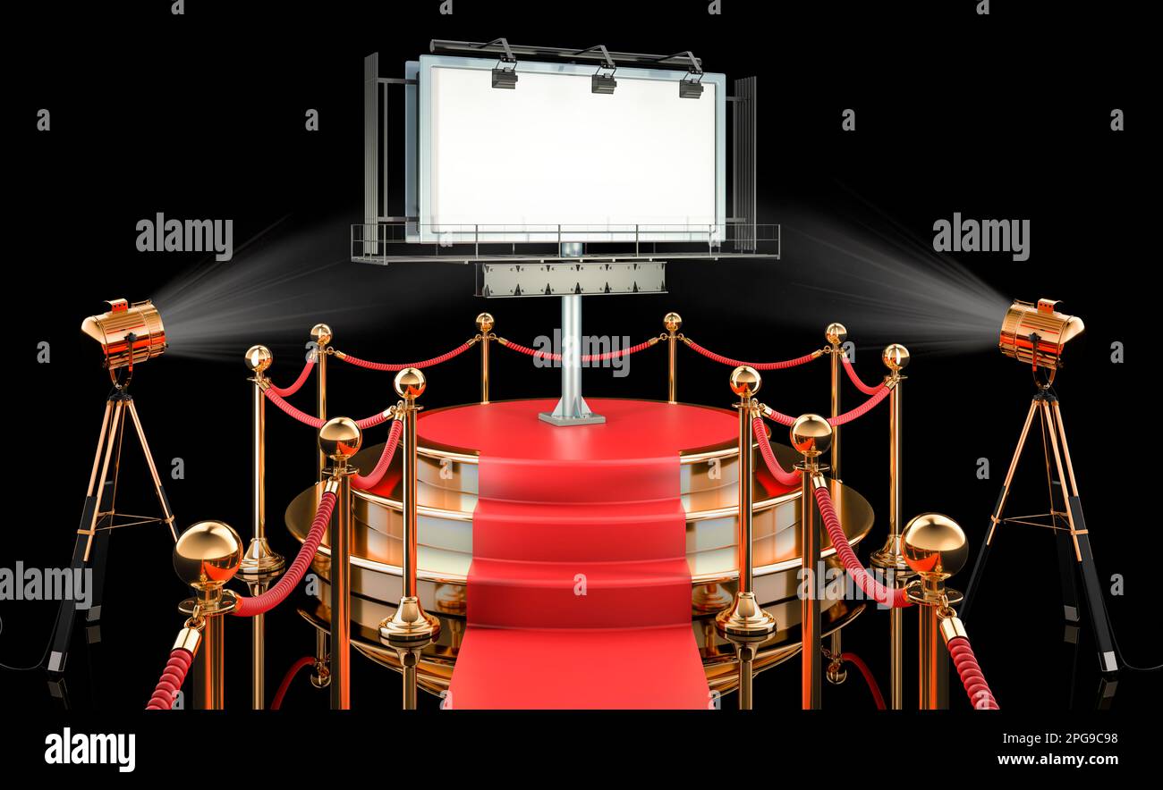 Podium with outdoor advertising billboard. 3D rendering on black