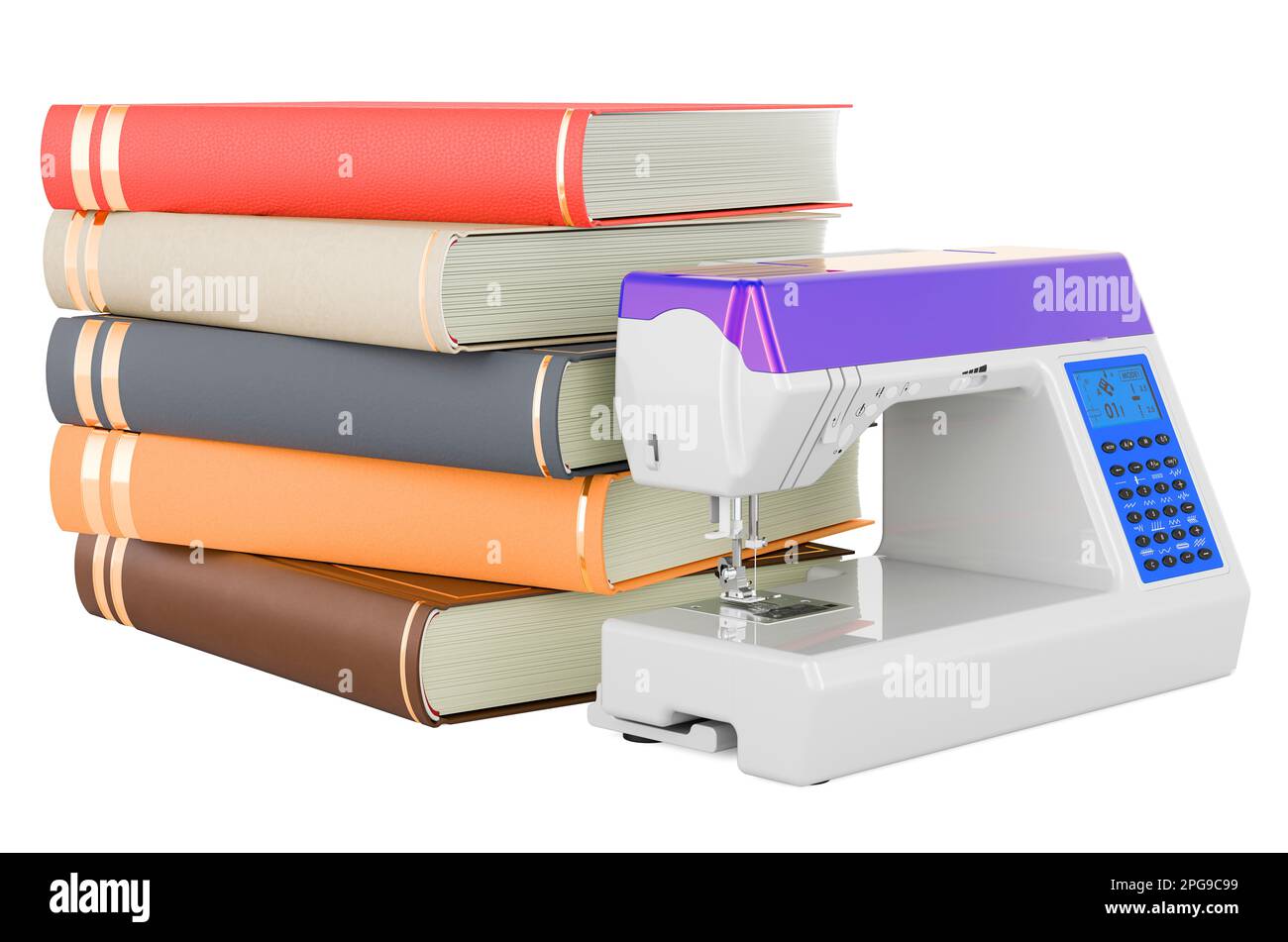 Sewing machine with books. Sewing courses concept, 3D rendering