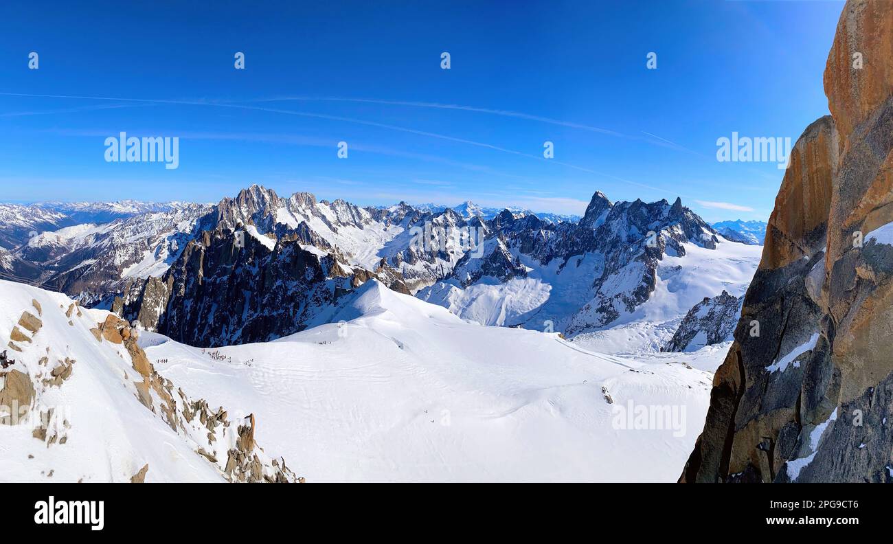 View of the Mont Blanc massif seen from the Aiguille du Midi. French ...