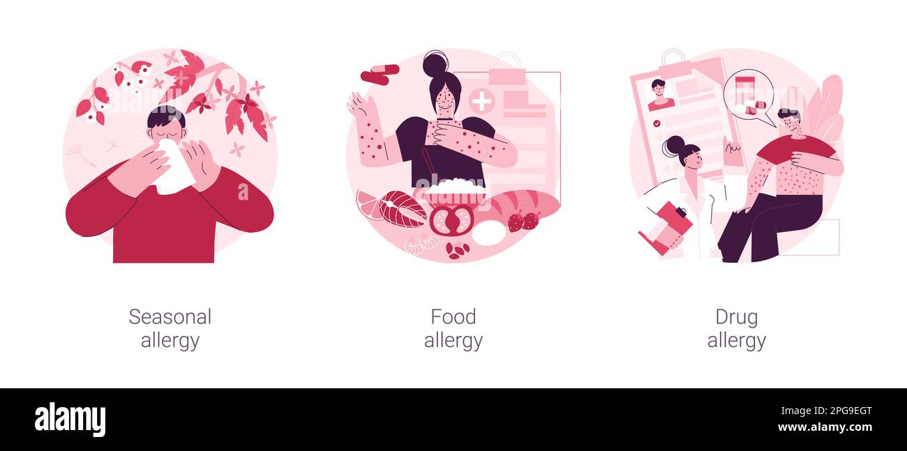 Allergy treatment abstract concept vector illustration set. Seasonal allergy, food and drug