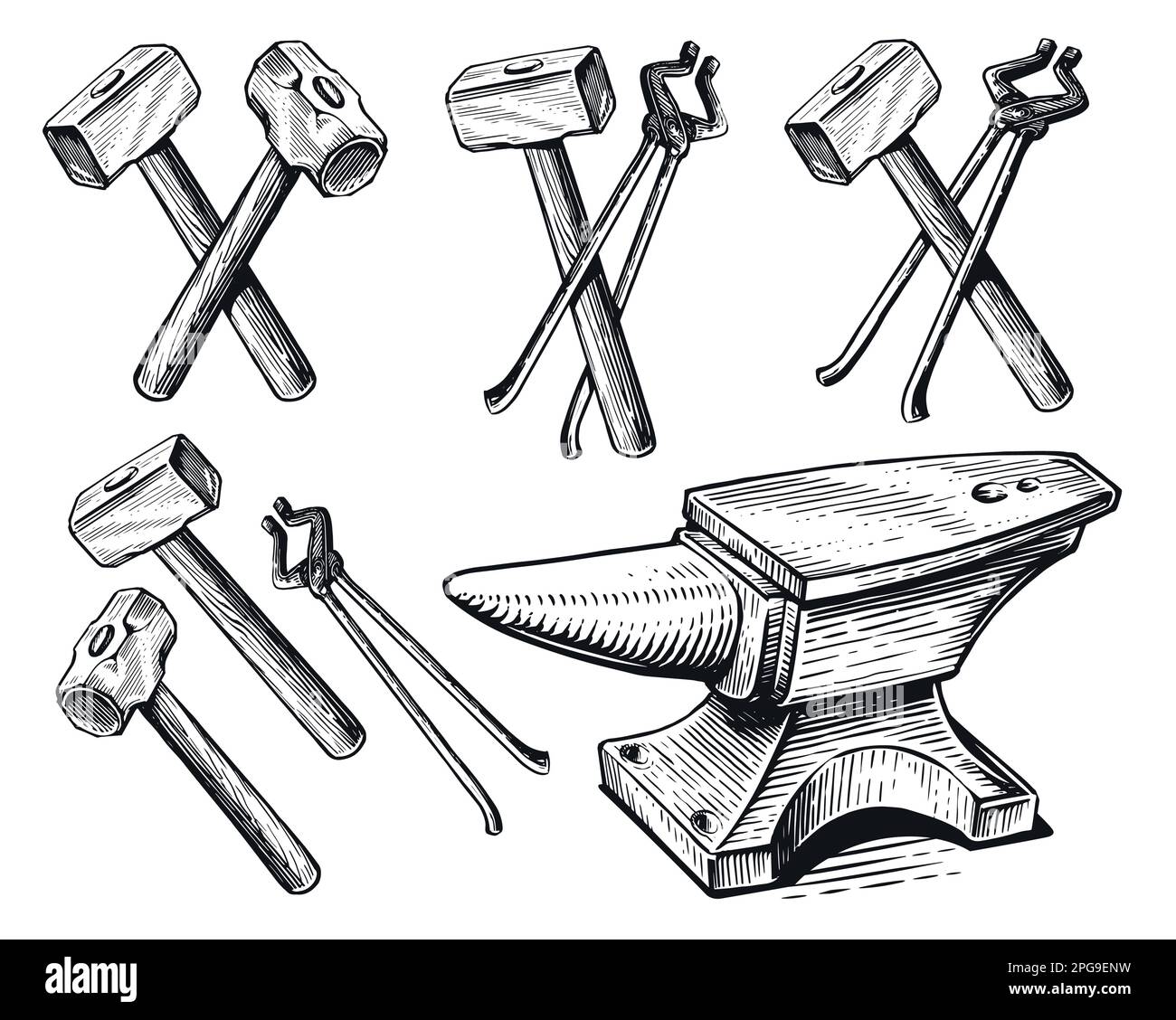 Retro blacksmith pliers, hammer, anvil sketch. Ironwork, set of tools concept. Blacksmithing vintage vector illustration Stock Vector