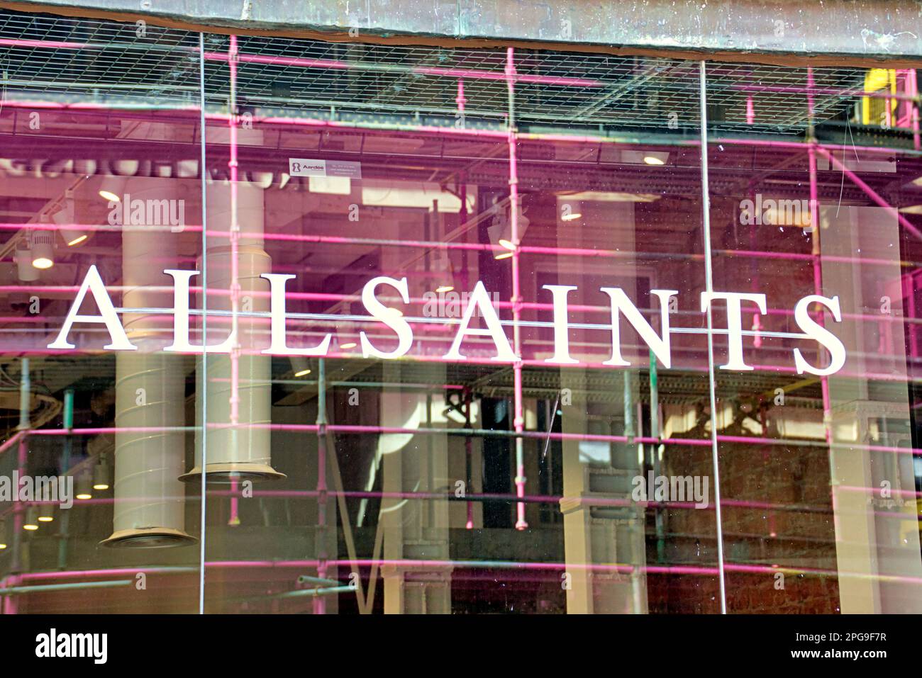 all saints shop clothing window sign entrance on buchanan street the style mile and shopping capital of scotland Stock Photo