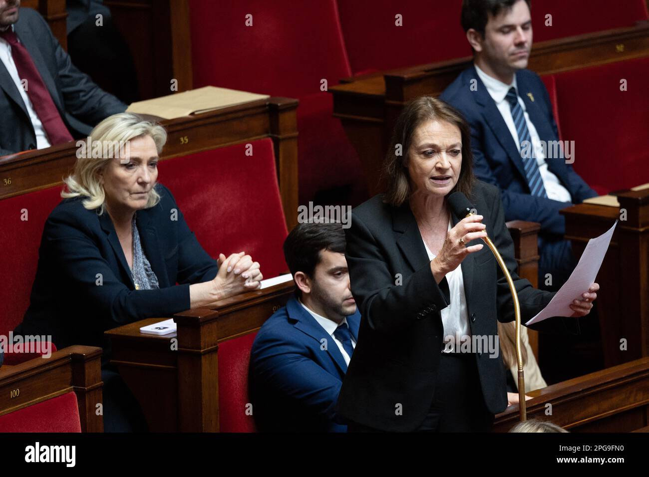 Paris, France. 21st Mar, 2023. RN deputy Caroline Parmentier next to French deputy and president
