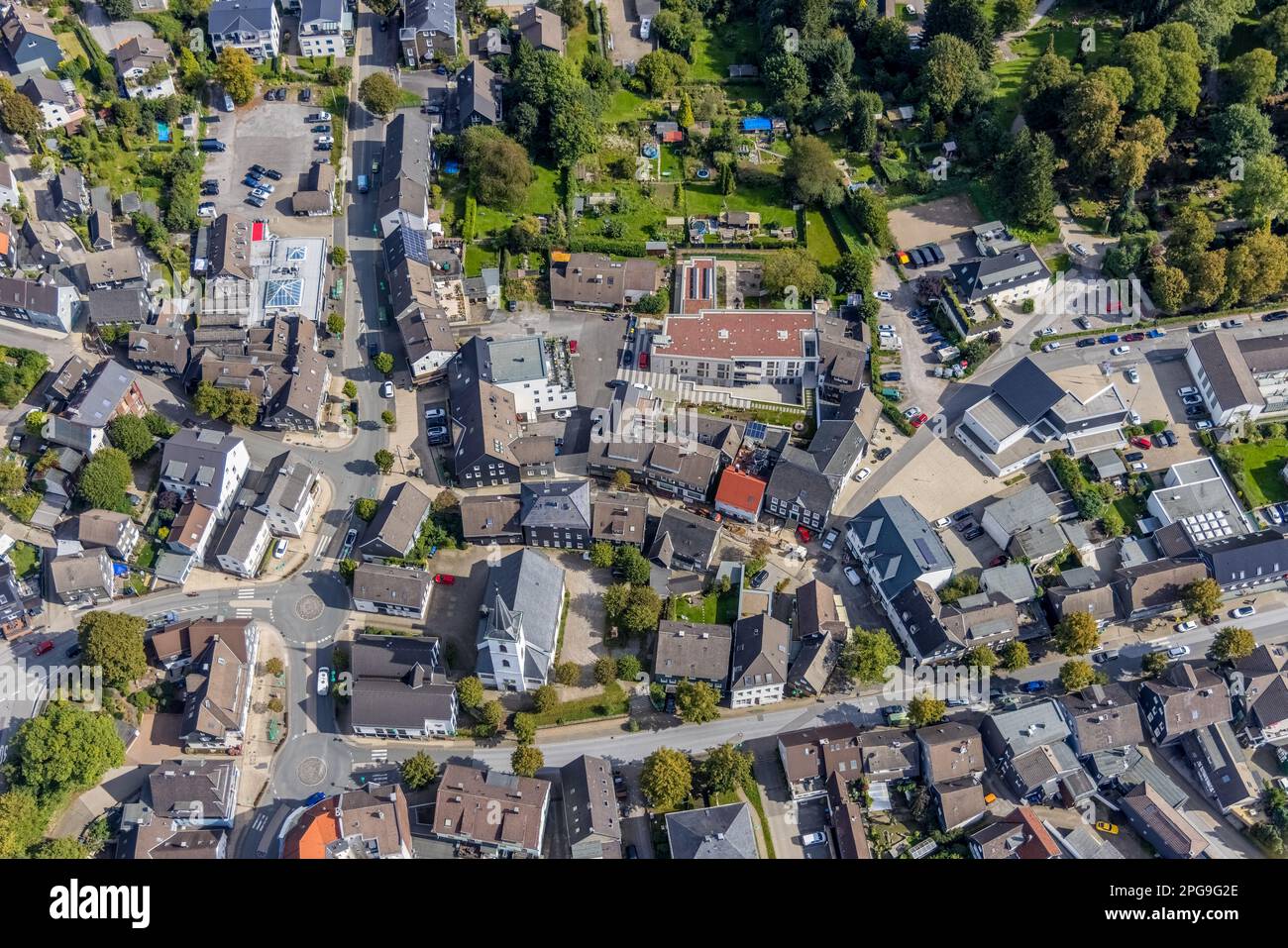Aerial view, town center with the evang. Johanneskirche and the new