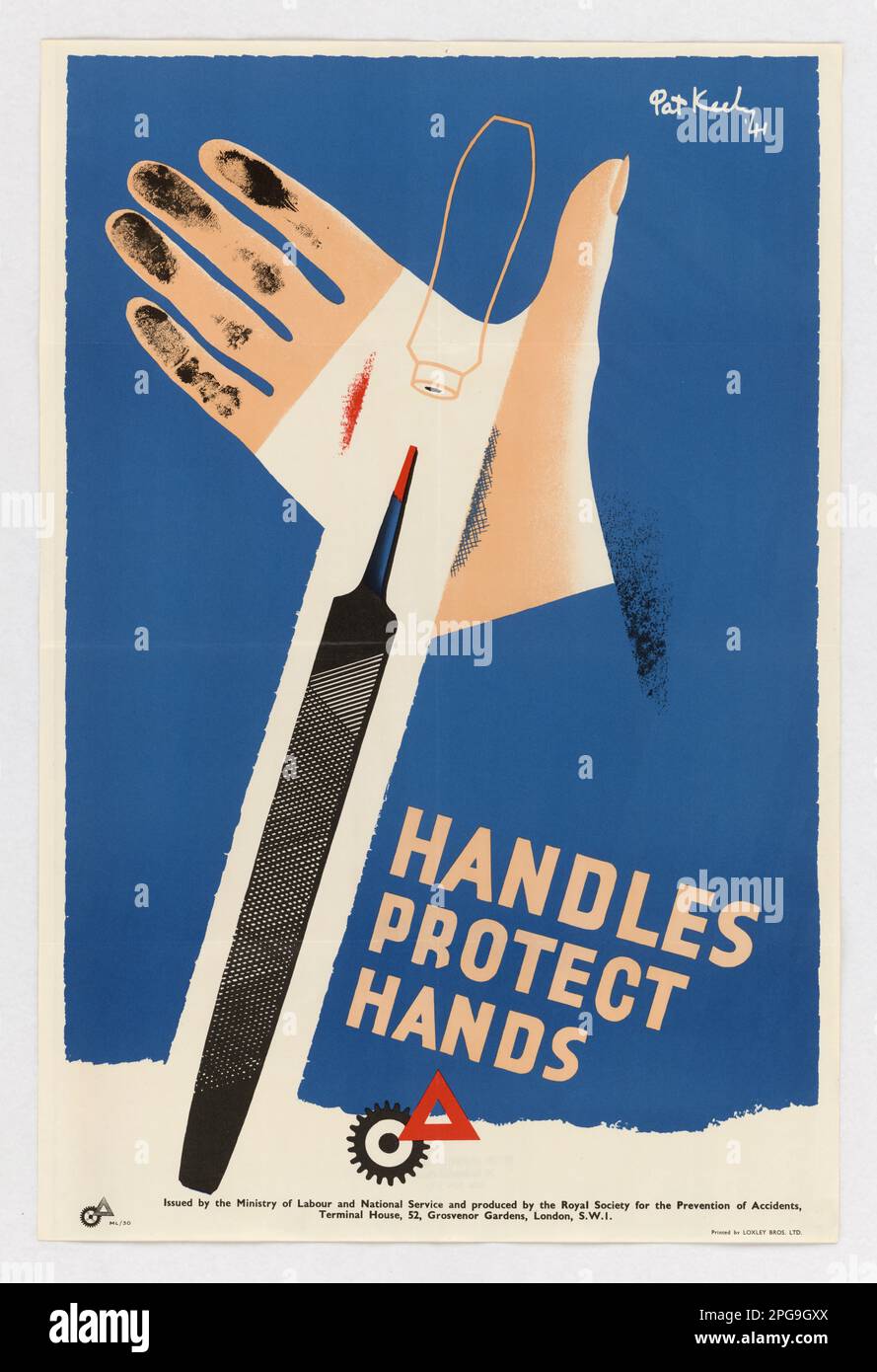 Handles Protect Hands. Artist: Pat Keely Printed By: Loxley Bros. Ltd.. 1942 - 1945.  Office for Emergency Management. Office of War Information. Domestic Operations Branch. Bureau of Special Services. 3/9/1943-9/15/1945. World War II Foreign Posters Stock Photo