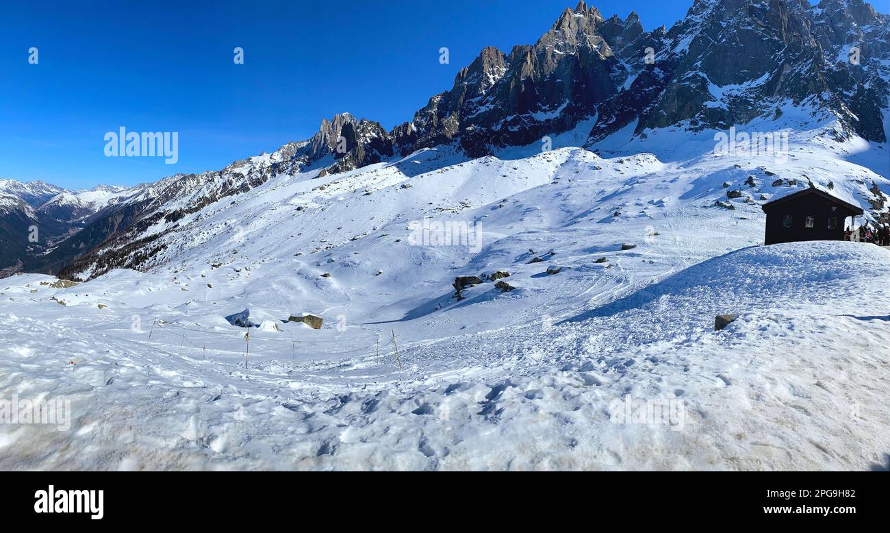 View of the Mont Blanc massif seen from the Aiguille Plan. French Alps ...