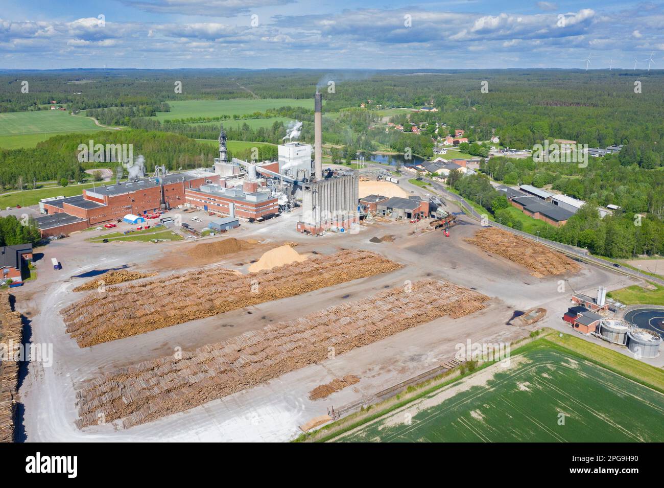 Aerial view over the Nordic Paper Bäckhammar AB paper mill and sulfate pulp factory at Kristinehamn, Värmland, Sweden, Scandinavia Stock Photo