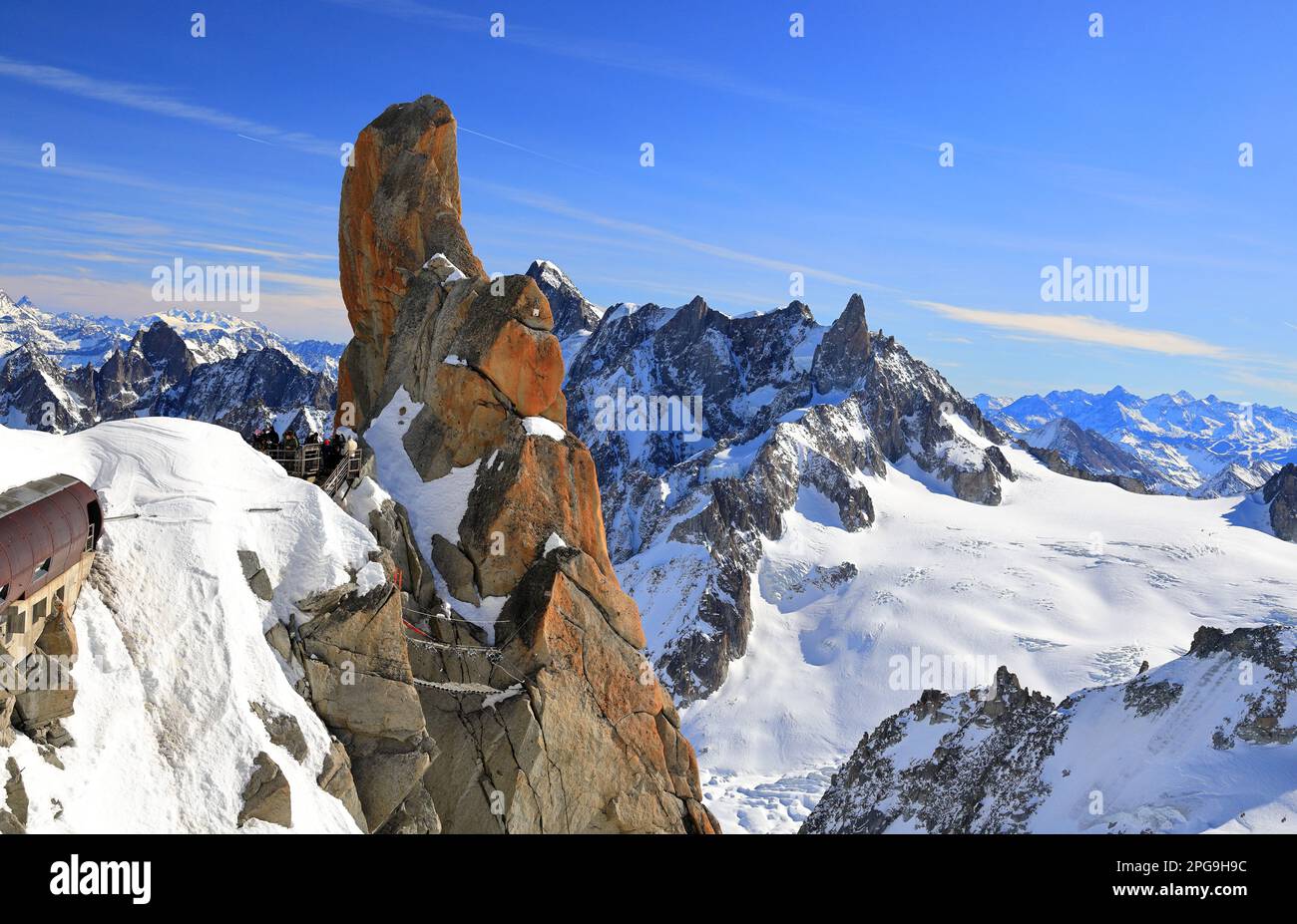View of the Mont Blanc massif seen from the Aiguille du Midi. French Alps, Europe. Stock Photo