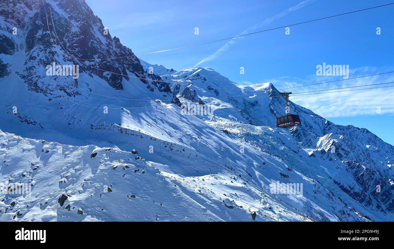 The cable car to the summit of Aiguille du Midi in the Mont Blanc ...