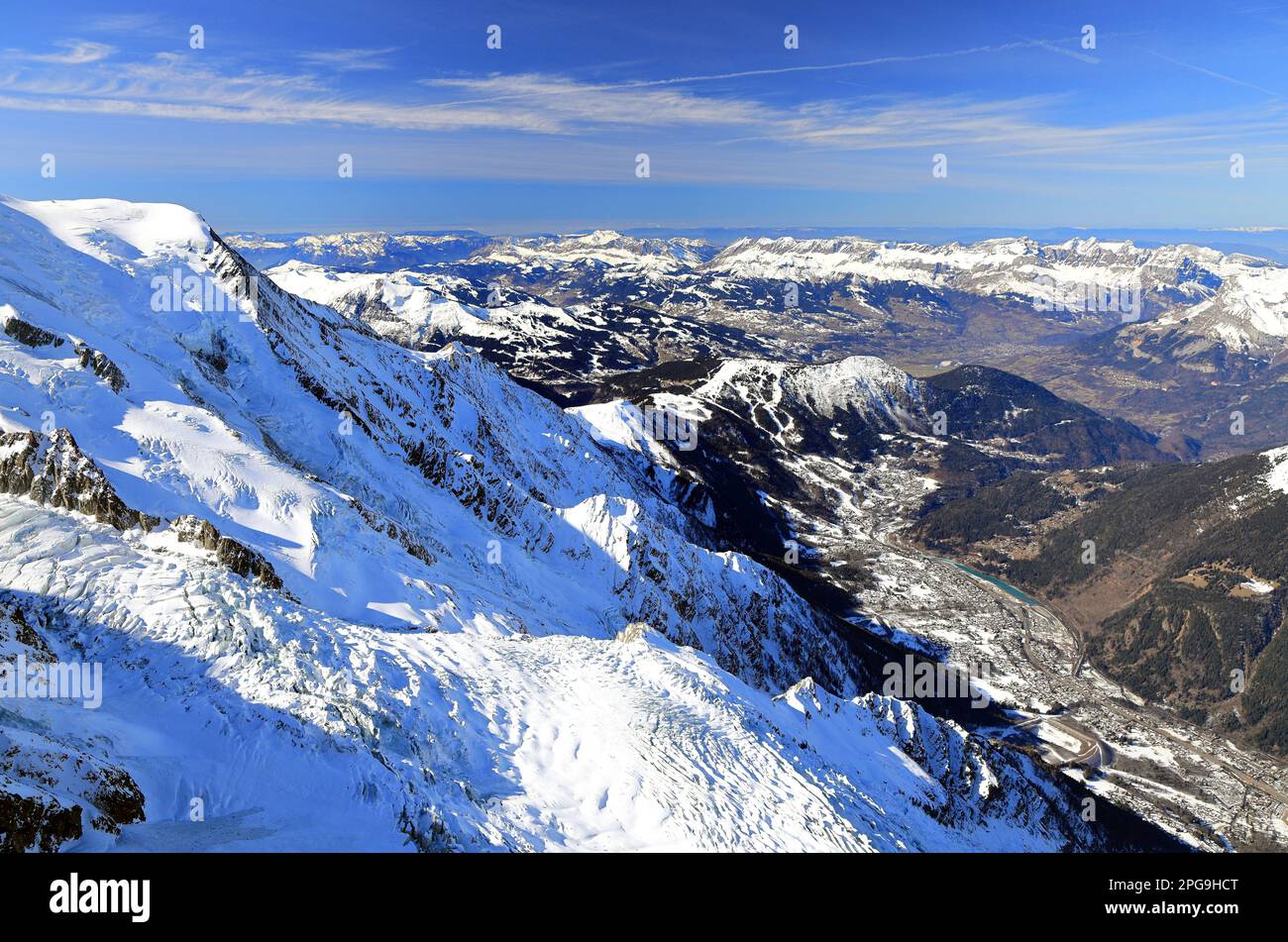 View of the city of Chamonix seen from the Aiguille du Midi. French Alps, Europe. Stock Photo