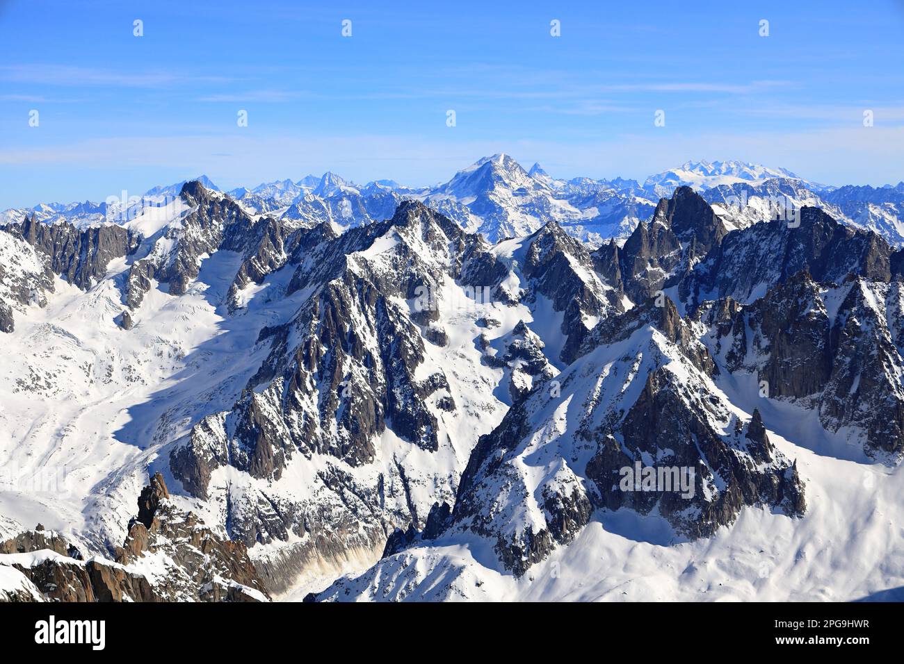 View of the Mont Blanc massif seen from the Aiguille du Midi. French ...