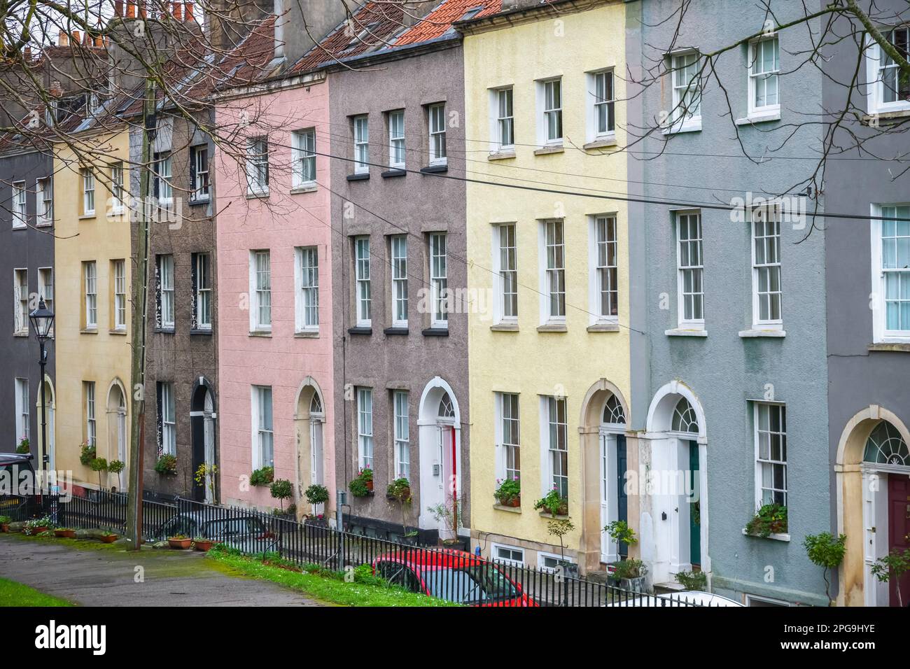 Colourful style terraced houses around Brandon Hill in Bristol