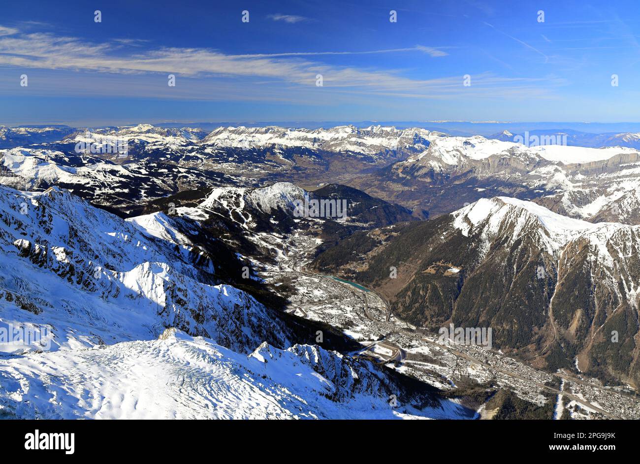 View of the city of Chamonix seen from the Aiguille du Midi. French ...
