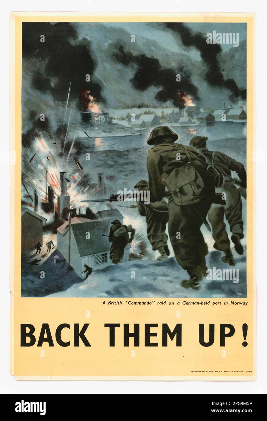 A British ' Commando' Raid on a German-Held Port in Norway - Back Them Up!. Country: England Printed By: Fosh & Cross Ltd.. 1942 - 1945.  Office for Emergency Management. Office of War Information. Domestic Operations Branch. Bureau of Special Services. 3/9/1943-9/15/1945. World War II Foreign Posters Stock Photo