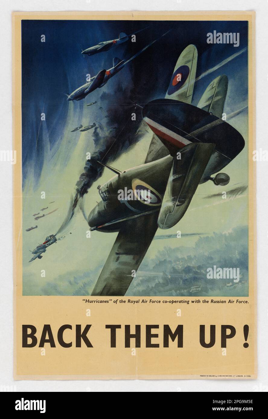 'Hurricanes' is a World War II foreign poster created by Ron Jobson in England between 1942-1945. Printed by Chromoworks Ltd., it was produced by the Office for Emergency Management and Office of War Information to encourage support for the cooperation between the Royal Air Force and the Russian Air Force during the war. Stock Photo