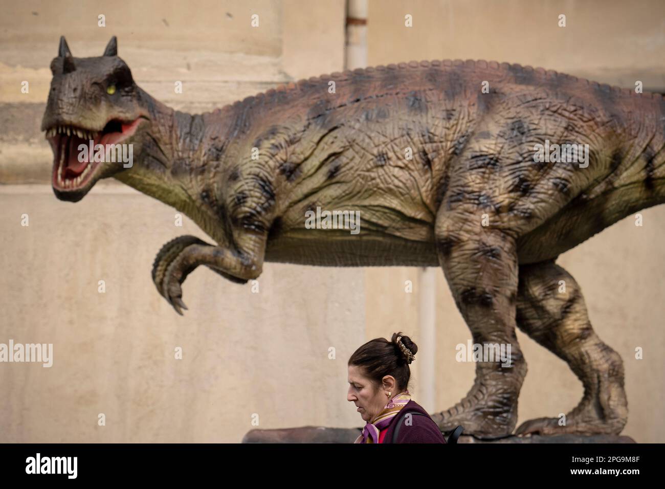 A woman walks by an animated model of a dinosaur, part of a Dino Park